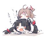  2girls :3 =_= ahoge black_hair bow brown_hair closed_eyes closed_mouth hachimaki hair_bow hair_pull headband high_ponytail kantai_collection kenoka long_hair lowres lying multiple_girls on_stomach open_mouth red_bow shouhou_(kantai_collection) simple_background tears wavy_mouth white_background younger zuihou_(kantai_collection) 