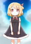  1girl black_dress blonde_hair blue_sky child clouds dress dress_grab hair_ribbon highres puffy_short_sleeves puffy_sleeves red_eyes ribbon roco_(katsuya1011) rumia shirt short_sleeves sky smile solo touhou younger 