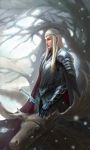  1boy animal armor blue_eyes breastplate cape circlet elf gauntlets highres kurau light lips long_hair moose pauldrons pointy_ears profile solo sword the_hobbit thranduil tree upper_body weapon white_hair 