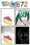  1girl 4koma aqua_eyes aqua_hair cake catstudioinc_(punepuni) cockroach collared_shirt comic drooling food fork hatsune_miku highres insect left-to-right_manga necktie peter_(miku_plus) plate slice_of_cake solo thai translation_request twintails vocaloid 