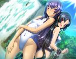  2girls :&lt; black_hair competition_swimsuit highres hikage_eiji kannei koihime_musou long_hair multiple_girls one-piece_swimsuit purple_hair red_eyes shuutai smile swimsuit very_long_hair violet_eyes wading water waterfall wet 