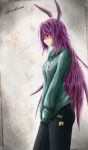  animal_ears cellphone cellphone_strap contemporary denim english hands_in_pockets jeans kanchigai long_hair pants phone profile purple_hair rabbit_ears red_eyes reisen_udongein_inaba sweater touhou 