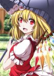  1girl blonde_hair dress fangs flandre_scarlet hat highres looking_at_viewer nori_tamago open_mouth parasol puffy_short_sleeves puffy_sleeves red_dress red_eyes sash short_hair short_sleeves smile solo touhou umbrella wings 