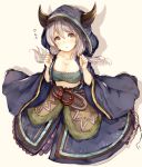  1girl :t breasts brown_eyes cleavage granblue_fantasy hiiragi_yashiro hoodie horns kumuyu long_hair looking_at_viewer low_twintails pout silver_hair solo twintails 