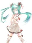  1girl aqua_eyes aqua_hair artist_name bow dress finger_to_mouth hand_on_hip hatsune_miku highres kowiru long_hair simple_background solo tattoo thigh-highs twintails vocaloid white_background 