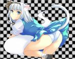  1girl animal_ears blue_eyes cat_ears cat_tail checkered checkered_background fuchuu_(asd159) hair_ribbon kemonomimi_mode konpaku_youmu konpaku_youmu_(ghost) looking_at_viewer panties ribbon solo tail touhou underwear white_hair 