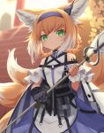 1girl absurdres animal_ears arknights bare_shoulders blonde_hair blurry blurry_background closed_mouth depth_of_field dot_mouth dot_nose dress fox_ears fox_tail gloves green_eyes grey_gloves hairband highres holding holding_staff klaius looking_at_viewer medium_hair multicolored_hair multiple_tails purple_dress single_glove solo staff stairs suzuran_(arknights) tail torii two-tone_hair white_hair 