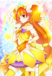  1girl amanogawa_kirara bare_shoulders choker cure_twinkle earrings gloves go!_princess_precure hand_on_hip highres jewelry long_hair magical_girl multicolored_hair orange_hair pink_hair precure shibuki_kamone smile solo star star_earrings twintails two-tone_hair violet_eyes white_gloves 