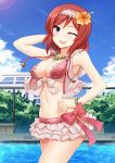  1girl bead_bracelet bikini bikini_skirt blue_sky blush breasts cleavage flower frilled_skirt frills hair_flower hair_ornament hairband hand_on_head hand_on_hip jewelry looking_at_viewer love_live!_school_idol_project mmrailgun navel necklace nishikino_maki one_eye_closed open_mouth plaid plaid_bikini poolside redhead short_hair skirt sky smile solo swimsuit violet_eyes 