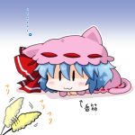  1girl :3 blue_hair bow chibi closed_mouth commentary_request hair_bow noai_nioshi puffy_sleeves red_bow remilia_scarlet short_hair touhou |_| 