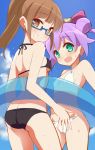  2girls 9law :d ass bikini black_bikini blue-framed_glasses blush bow breasts brown_eyes double_bun flat_chest green_eyes hair_bow long_hair looking_at_viewer manaka_lala minami_mirei multiple_girls open_mouth ponytail puri_para purple_hair short_hair smile swimsuit white_bikini white_swimsuit 