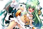 absurdres animal_ears cat_ears chain earrings fang green_hair highres huge_filesize jewelry koihime_musou kuwada_yuuki long_hair midriff moukaku navel open_mouth paws pointing red_eyes smile staff tail very_long_hair weapon 
