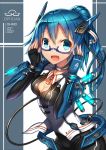  1girl blue_eyes blue_hair bodysuit breasts cleavage cleavage_cutout gia glasses long_hair original solo 