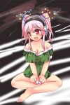  1girl alternate_hairstyle bare_shoulders barefoot blush bow breasts cleavage hair_bow headphones large_breasts long_hair nitroplus open_mouth pink_eyes pink_hair shappo_(dodosyappo) solo super_sonico twintails watermelon_print 
