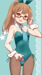  1girl 9law :d animal_ears bare_shoulders black-framed_glasses blue_background brown_eyes brown_hair bunnysuit fishnet_pantyhose fishnets glasses long_hair looking_at_viewer minami_mirei necktie open_mouth pantyhose ponytail puri_para rabbit_ears smile solo star 