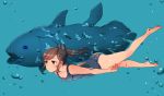  1girl ass bare_shoulders barefoot brown_eyes brown_hair coelacanth fish highres i-401_(kantai_collection) kantai_collection one-piece_swimsuit oniku_(oishii_oniku) ponytail school_swimsuit short_hair solo swimming swimsuit tan underwater 