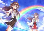  2girls :d ahoge bare_shoulders black_hair blue_sky brown_hair clouds detached_sleeves haruna_(kantai_collection) headgear kantai_collection kongou_(kantai_collection) long_hair looking_at_viewer multiple_girls non_(nobu) nontraditional_miko open_mouth rainbow sky smile water 