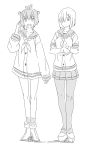  2girls bare_legs full_body gloves hair_ornament hair_over_one_eye hairclip hamakaze_(kantai_collection) high_heels kantai_collection long_sleeves looking_at_another looking_at_viewer miniskirt monochrome multiple_girls nathaniel_pennel neckerchief pantyhose platform_footwear pleated_skirt sailor_dress salute school_uniform serafuku short_hair short_sleeves simple_background sketch skirt standing white_background yukikaze_(kantai_collection) 