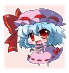  1girl bat_wings blue_hair bow chibi commentary_request detached_sleeves fang hair_between_eyes hair_bow mob_cap noai_nioshi open_mouth puffy_sleeves red_bow remilia_scarlet short_hair short_sleeves solo touhou wings 