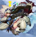  1girl armor barioth_(armor) belt blue_gloves blush boots fangzhenyu fur_trim gloves hunting_horn looking_at_viewer monster_hunter monster_hunter_big_game_hunting_quest musical_note official_art panties playing_instrument red_eyes snow solo spikes tree underwear weapon white_hair white_panties 