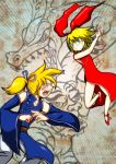  1boy 1girl banjirou_(kusa) blonde_hair blue_eyes blush bow china_dress chinese_clothes confrontation detached_sleeves dragon drama_layer eastern_dragon emphasis_lines fighting fighting_stance grin hair_bow hair_ornament hair_ribbon kagamine_len kagamine_rin open_mouth ponytail ribbon short_hair smile teeth tiger vocaloid 