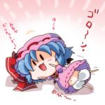  +++ 1girl :3 bat_wings blue_hair bow chibi commentary_request detached_wings hair_bow lying mob_cap navel noai_nioshi on_side open_mouth puffy_short_sleeves puffy_sleeves red_bow remilia_scarlet short_hair short_sleeves touhou translation_request wings 
