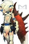  1girl armor armpits barioth_(armor) blue_eyes blue_gloves copyright_name earrings facial_mark gloves hairband huge_weapon jewelry jyun_xix leaning_back looking_back monster_hunter monster_hunter_3 navel scar solo spiked_hairband spikes sword thigh-highs vambraces weapon white_hair 