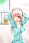  1girl blush breasts cleavage headphones large_breasts long_hair looking_at_viewer nitroplus one_eye_closed open_mouth pajamas pink_eyes pink_hair shappo_(dodosyappo) sleepwear solo super_sonico tears yawning 