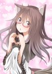  1girl animal_ears bespectacled blush brooch brown_hair dress glasses imaizumi_kagerou jewelry long_hair long_sleeves open_mouth red_eyes shuga_(soranote) solo tail touhou wolf_ears wolf_tail 