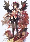  1girl autumn_leaves belt bird black_hair black_legwear black_skirt black_wings blue_background cibo_(killy) collared_shirt crow expressionless fan feathered_wings geta gloves hand_on_sword hat long_sleeves looking_at_viewer maple_tree mask multiple_swords pantyhose red_eyes ribbon shameimaru_aya sheath shoot_the_bullet short_hair simple_background skirt solo tengu-geta tengu_mask tokin_hat touhou tree wings 