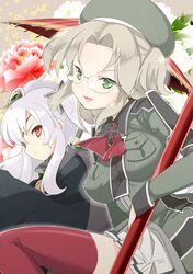  2girls eyepatch flower glasses green_eyes hair_ornament hat imu_(senran_kagura) kamaboko_red light_brown_hair long_hair multiple_girls open_mouth oriental_umbrella red_eyes senran_kagura senran_kagura_(series) senran_kagura_shinovi_versus short_hair shuriken smile twintails two_side_up umbrella white_hair yagyuu_(senran_kagura) 