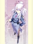  1girl gloves heavy_object long_hair military military_uniform nagi_ryou official_art smile solo uniform violet_eyes white_hair 