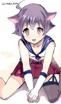  1girl ahoge animal_ears bare_shoulders cat_ears cis_(carcharias) kantai_collection kemonomimi_mode looking_at_viewer open_mouth purple_hair sakawa_(kantai_collection) sitting skirt smile solo violet_eyes wariza 