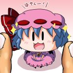  1girl :3 bat_wings blue_hair bow chibi detached_wings fang hair_between_eyes hair_bow mob_cap noai_nioshi open_mouth puffy_short_sleeves puffy_sleeves red_bow remilia_scarlet short_hair short_sleeves solo sparkle touhou translation_request wings |_| 