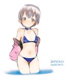  1girl bikini brown_eyes brown_hair choker highres idolmaster idolmaster_cinderella_girls jacket otokura_yuuki rondo_bell short_hair standing swimsuit 