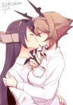  2girls black_hair brown_hair closed_eyes hairband kantai_collection kiss multiple_girls mutsu_(kantai_collection) nagato_(kantai_collection) necktie necktie_grab raki_(kuroe) yuri 