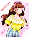  1girl amanogawa_kirara blush brown_hair character_name collar_bone go!_princess_precure long_hair purple_eyes ribbon smile star twin_tails 