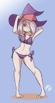  1girl barefoot bigdead93 bikini contrapposto eyebrows full_body hair_over_one_eye hat highres little_witch_academia long_hair pigeon-toed purple_bikini purple_hair red_eyes side-tie_bikini solo sucy_manbabalan swimsuit tankini thick_eyebrows witch_hat 