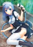  :o apron blue_eyes blue_hair blush boots cross-laced_footwear dress_shirt hair_ornament hairclip highres holding hose howa_(howaito) lace-up_boots long_hair looking_at_viewer lying maid maid_headdress neck_ribbon original outdoors ribbon see-through shirt thigh-highs water wet wet_clothes wet_shirt wet_thighhighs white_legwear white_shirt 