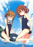 2girls :d :o bare_legs bare_shoulders blue_sky blush brown_eyes brown_hair folded_ponytail hair_ornament hairclip highres ikazuchi_(kantai_collection) inazuma_(kantai_collection) kantai_collection kawai_(purplrpouni) looking_at_viewer multiple_girls open_mouth school_swimsuit short_hair sky smile swimsuit wading 