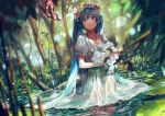  1girl absurdres aqua_eyes aqua_hair bouquet branch butterfly crying dress dutch_angle flower hatsune_miku highres holding jewelry jungle lily_pad long_hair looking_at_viewer nature open_mouth partially_submerged pendant pond ripples solo swamp tears tree tsukun112 twintails vocaloid water wedding_dress wet wet_clothes wet_hair wreath 