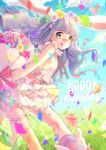  1girl :q animal_ears bangs blunt_bangs bouquet bow confetti easter easter_egg flower green_eyes hair_bow hair_flower hair_ornament hina_(milk_ti_leaf) holding holding_flower kneehighs layered_dress long_hair original purple_hair rabbit_ears single_kneehigh solo thigh_strap tongue tongue_out winged_shoes 