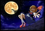  1girl amakan! blonde_hair clouds cloudy_sky flying full_moon hair_ribbon highres looking_at_viewer moon open_mouth reaching_out red_eyes ribbon rumia short_hair sky smile solo star_(sky) starry_sky touhou town 