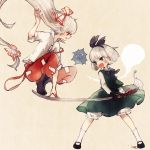  !!? 2girls albino blue_eyes bow fujiwara_no_mokou full_body hair_bow hair_ornament hairband hitodama katana konpaku_youmu konpaku_youmu_(ghost) long_hair long_sleeves mary_janes multiple_girls open_mouth pants red_eyes shirt shoes short_hair silver_hair simple_background skirt skirt_set smile socks speech_bubble sweatdrop sword touhou vest weapon white_hair white_legwear yujup 