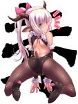  1girl animal_ears ass bare_shoulders black_legwear blue_eyes bunny_girl detached_sleeves from_behind high_heels highres horns kneeling leaning_forward long_hair looking_back original pantyhose ponytail shiny shiny_skin solo tail tsukigami_chronica 