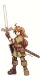  1boy ahoge blonde_hair boots elbow_pads hat highres knee_pads link master_sword pointy_ears robert_porter scabbard sheath shield solo sword the_legend_of_zelda tunic weapon 