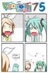  2girls 4koma aqua_hair ascot blonde_hair bow catstudioinc_(punepuni) cockroach collared_shirt comic hair_bow hatsune_miku highres insect kagamine_rin left-to-right_manga multiple_girls necktie o_o open_mouth peter_(miku_plus) spray_can thai translation_request twintails vocaloid 
