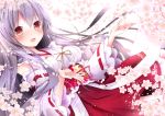  1girl :d blush cherry_blossoms detached_sleeves floral_print haruna_(kantai_collection) japanese_clothes kantai_collection kimono long_hair long_sleeves looking_at_viewer nanase_nao obi open_mouth petals red_eyes ribbon-trimmed_sleeves ribbon_trim sash silver_hair smile solo very_long_hair wide_sleeves 