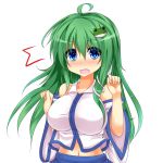  /\/\/\ 1girl ahoge bare_shoulders blush breasts detached_sleeves frog green_hair hair_ornament highres japanese_clothes kochiya_sanae large_breasts long_hair miko navel open_mouth snake solo surprised touhou us2s 
