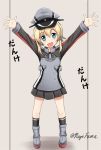  1girl :d anchor_hair_ornament blonde_hair blue_eyes fuuma_nagi hair_ornament hat kantai_collection long_hair looking_at_viewer open_mouth peaked_cap pleated_skirt prinz_eugen_(kantai_collection) skirt smile solo twintails twitter_username 